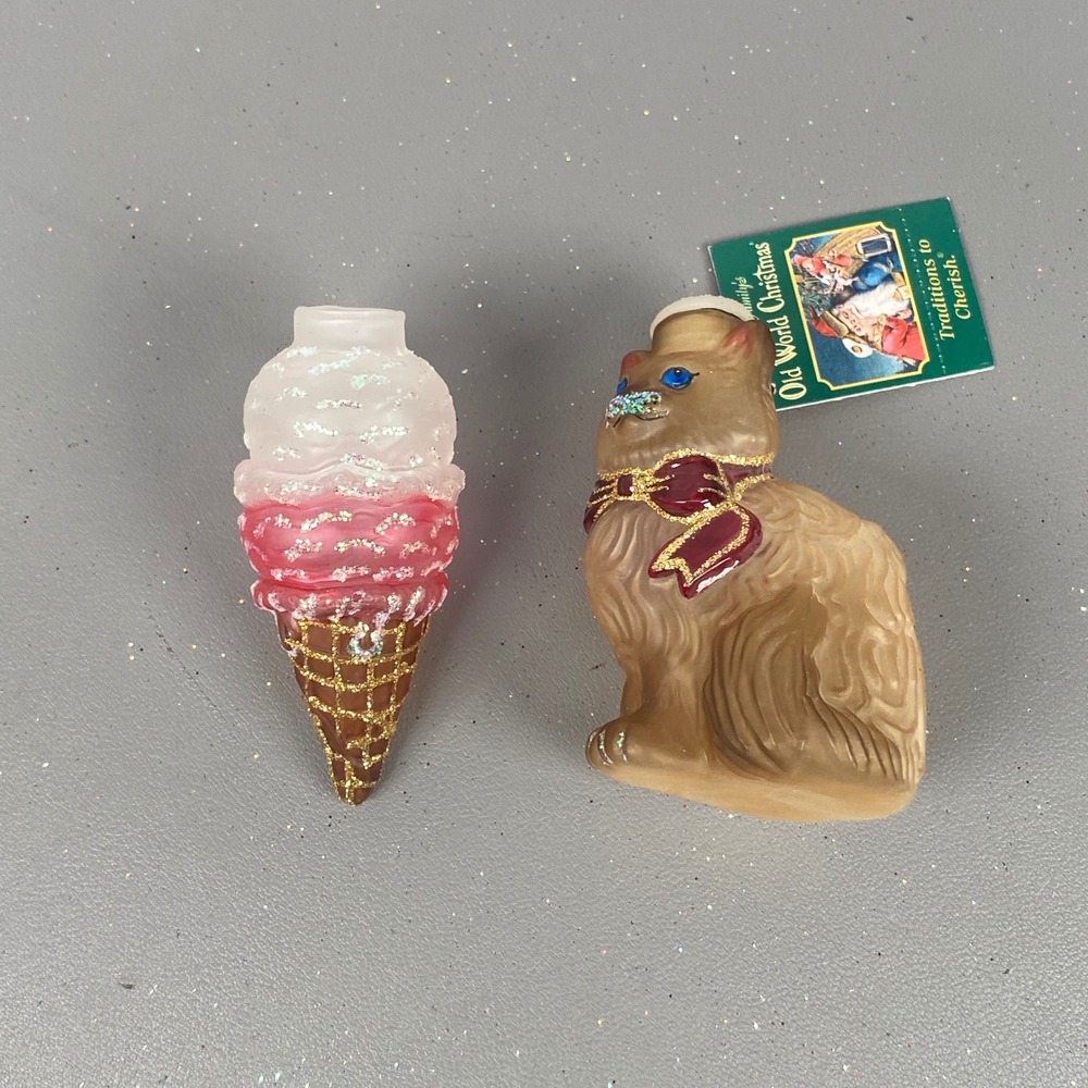 Old World Christmas Glass Light Covers Cat Animal W/ Bow & Ice Cream Cone Set